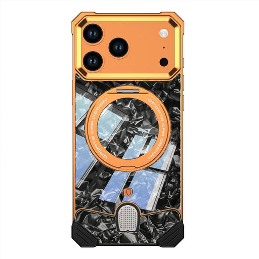 For iPhone 17 Pro Frameless Case Marble Pattern Rotating Kickstand Metal Snap-on Phone Cover - Orange - 1