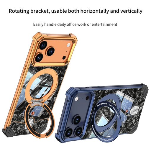 For iPhone 17 Pro Frameless Case Marble Pattern Rotating Kickstand Metal Snap-on Phone Cover - Orange - 2