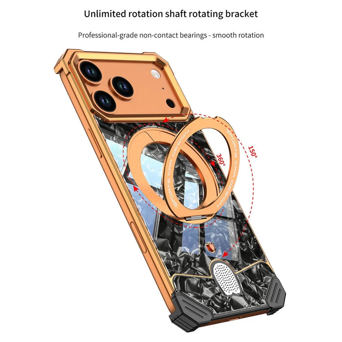 For iPhone 17 Pro Frameless Case Marble Pattern Rotating Kickstand Metal Snap-on Phone Cover - Orange - 3