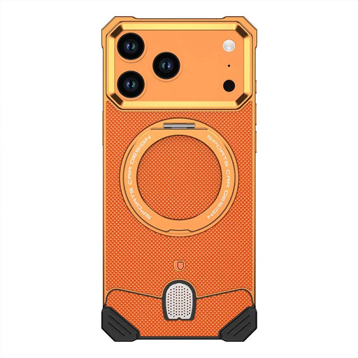For iPhone 17 Pro Frameless Metal Case Snap-on Leather Back Phone Cover with Rotating Kickstand - Orange - 1
