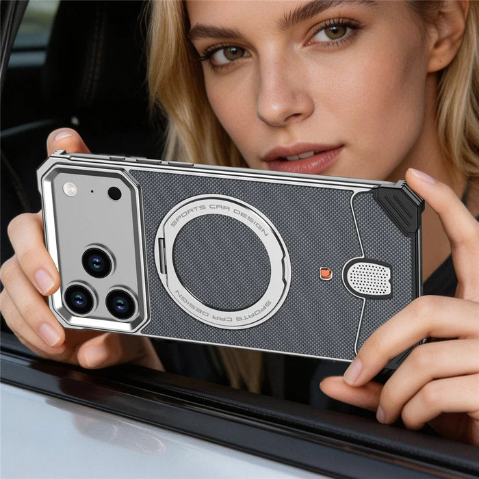 For iPhone 17 Pro Frameless Metal Case Snap-on Leather Back Phone Cover with Rotating Kickstand - Orange - 7