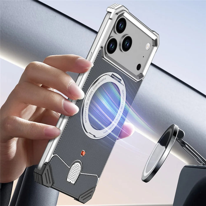For iPhone 17 Pro Max Frameless Metal Case Snap-on Leather Back Phone Cover with Rotating Kickstand - Orange - 6
