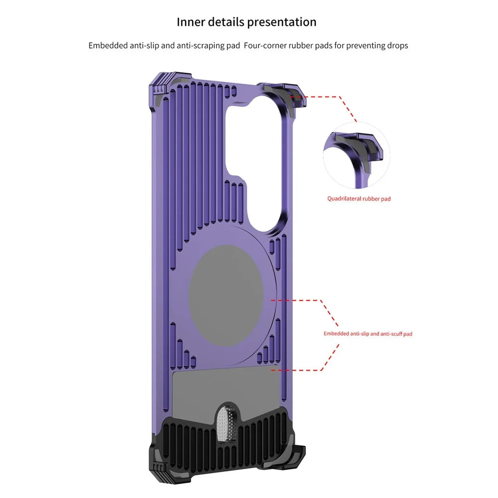 For Samsung Galaxy S26 Ultra Frameless Metal Case Snap-on Leather Back Phone Cover with Rotating Kickstand - Purple - 5
