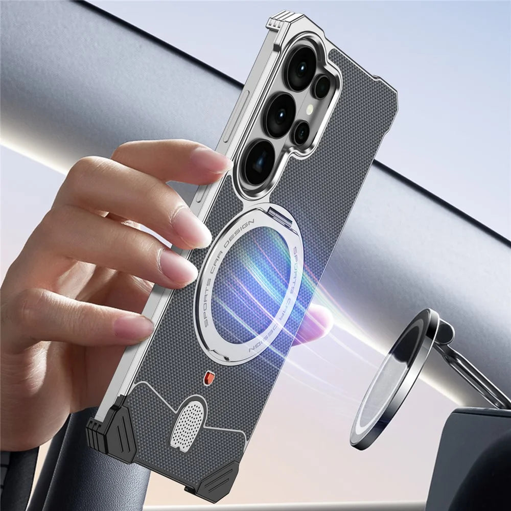 For Samsung Galaxy S26 Ultra Frameless Metal Case Snap-on Leather Back Phone Cover with Rotating Kickstand - Purple - 6