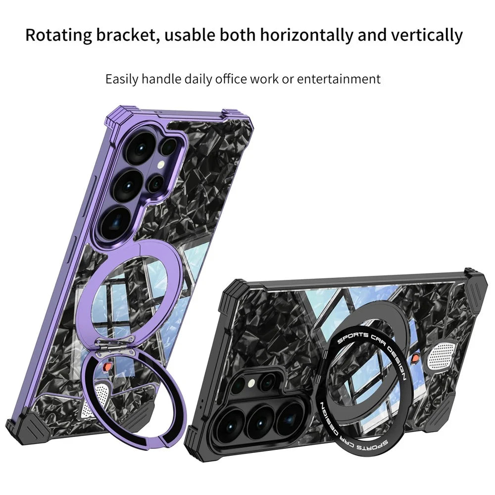 For Samsung Galaxy S26 Ultra Frameless Case Marble Pattern Rotating Kickstand Metal Snap-on Phone Cover - Purple - 2