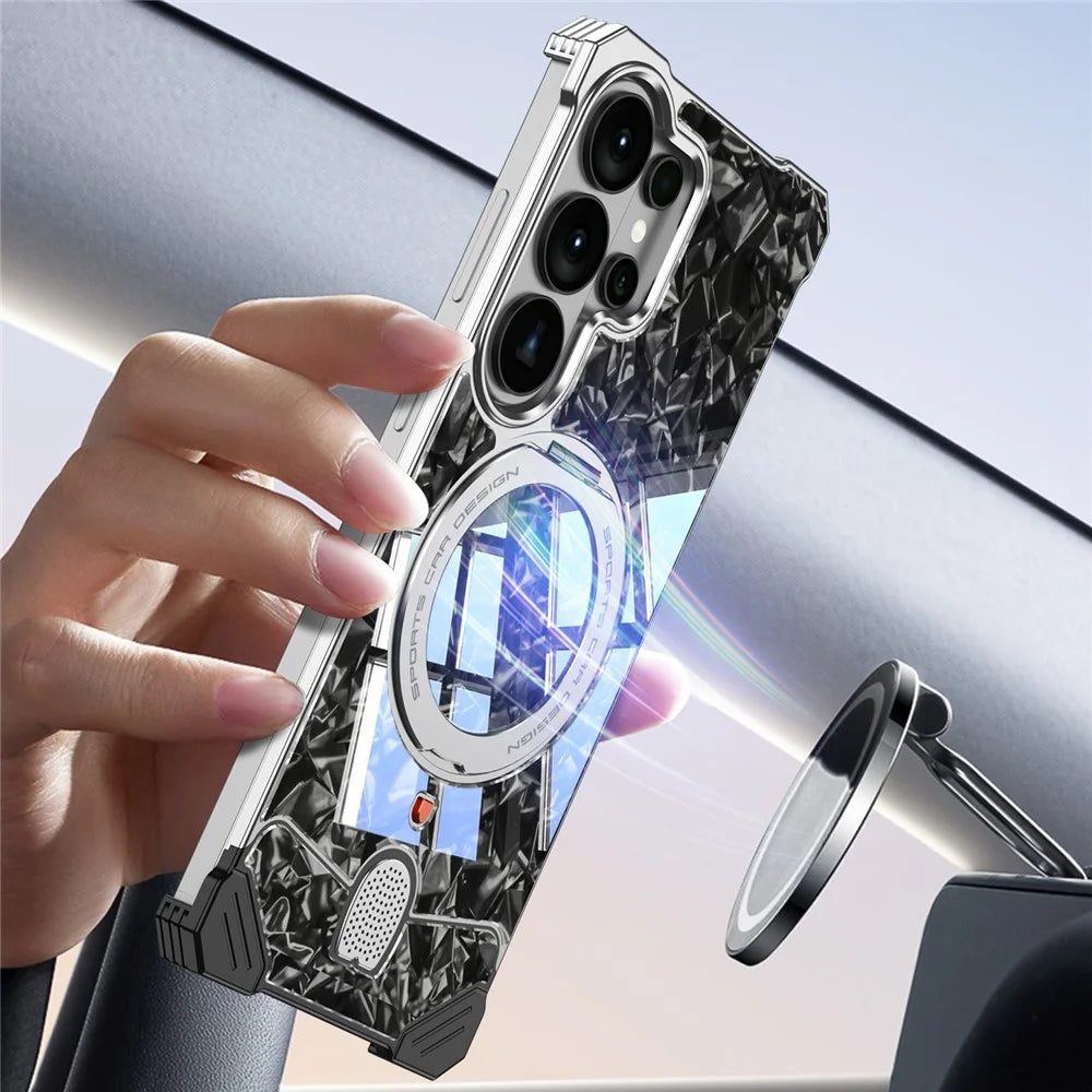 For Samsung Galaxy S26 Ultra Frameless Case Marble Pattern Rotating Kickstand Metal Snap-on Phone Cover - Purple - 6