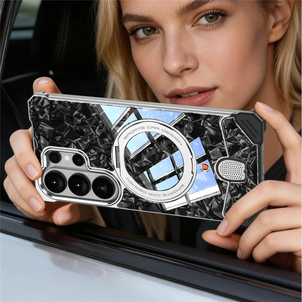 For Samsung Galaxy S26 Ultra Frameless Case Marble Pattern Rotating Kickstand Metal Snap-on Phone Cover - Purple - 7