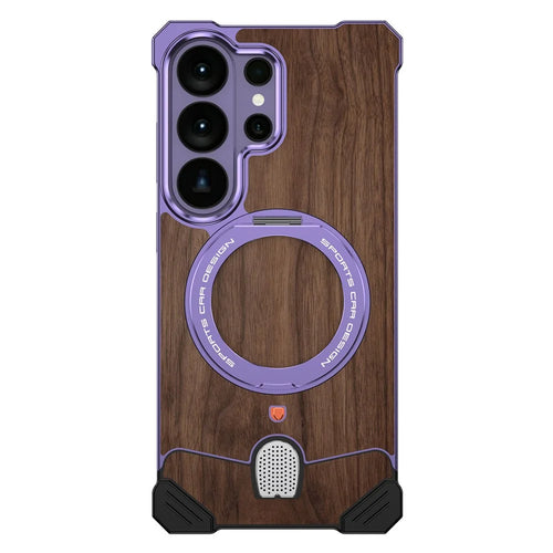 For Samsung Galaxy S26 Ultra Frameless Case Walnut Wood Pattern Rotating Kickstand Metal Snap-on Phone Cover - Purple - 1