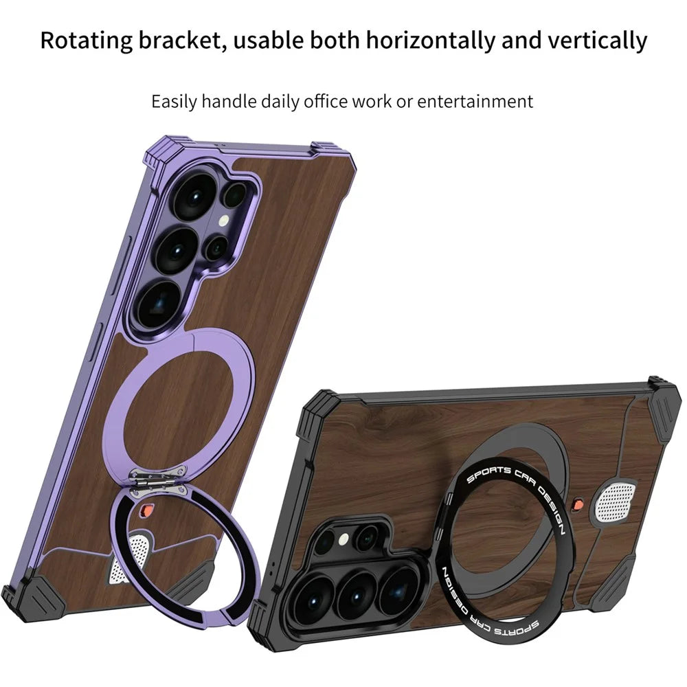 For Samsung Galaxy S26 Ultra Frameless Case Walnut Wood Pattern Rotating Kickstand Metal Snap-on Phone Cover - Purple - 2