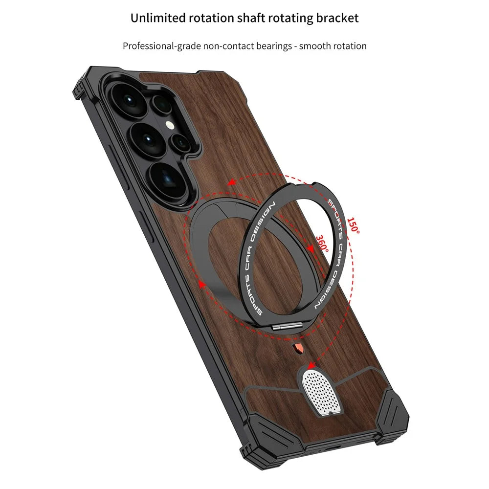For Samsung Galaxy S26 Ultra Frameless Case Walnut Wood Pattern Rotating Kickstand Metal Snap-on Phone Cover - Purple - 3