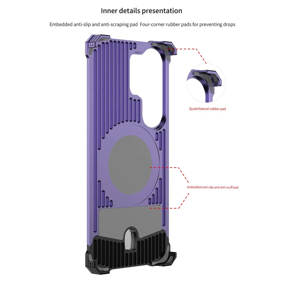 For Samsung Galaxy S26 Ultra Frameless Case Walnut Wood Pattern Rotating Kickstand Metal Snap-on Phone Cover - Purple - 5