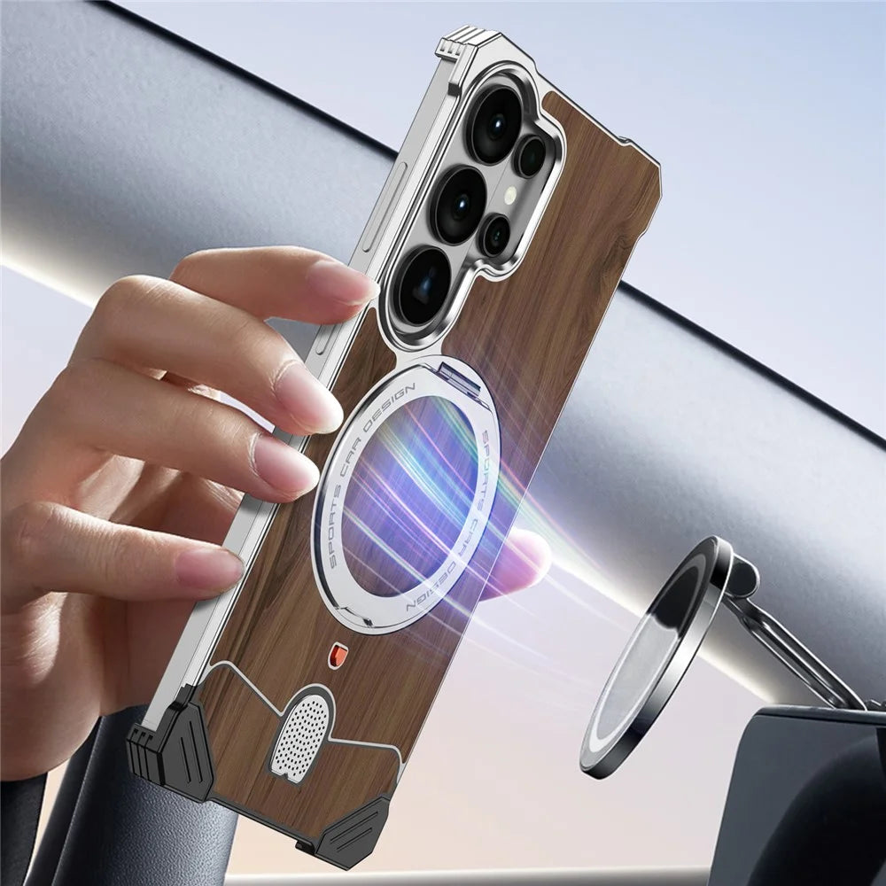 For Samsung Galaxy S26 Ultra Frameless Case Walnut Wood Pattern Rotating Kickstand Metal Snap-on Phone Cover - Purple - 6