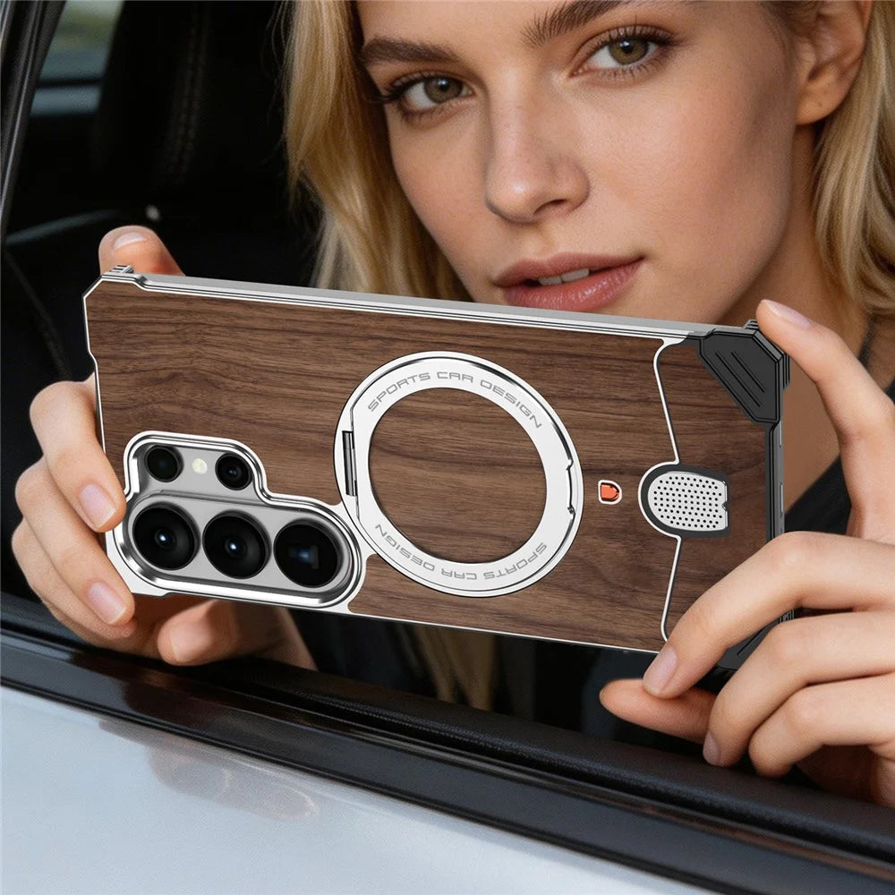 For Samsung Galaxy S26 Ultra Frameless Case Walnut Wood Pattern Rotating Kickstand Metal Snap-on Phone Cover - Purple - 7