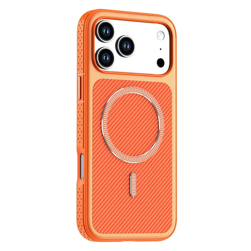 For iPhone 17 Pro  /  18 Pro Magnetic Case Carbon Fiber Texture PC + TPU Phone Cover with Independent Button - Orange - 1