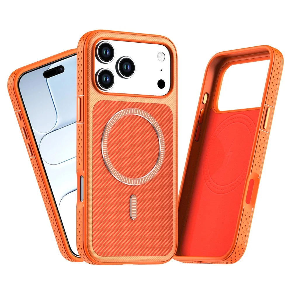 For iPhone 17 Pro  /  18 Pro Magnetic Case Carbon Fiber Texture PC + TPU Phone Cover with Independent Button - Orange - 2