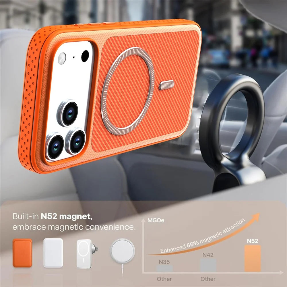 For iPhone 17 Pro  /  18 Pro Magnetic Case Carbon Fiber Texture PC + TPU Phone Cover with Independent Button - Orange - 3