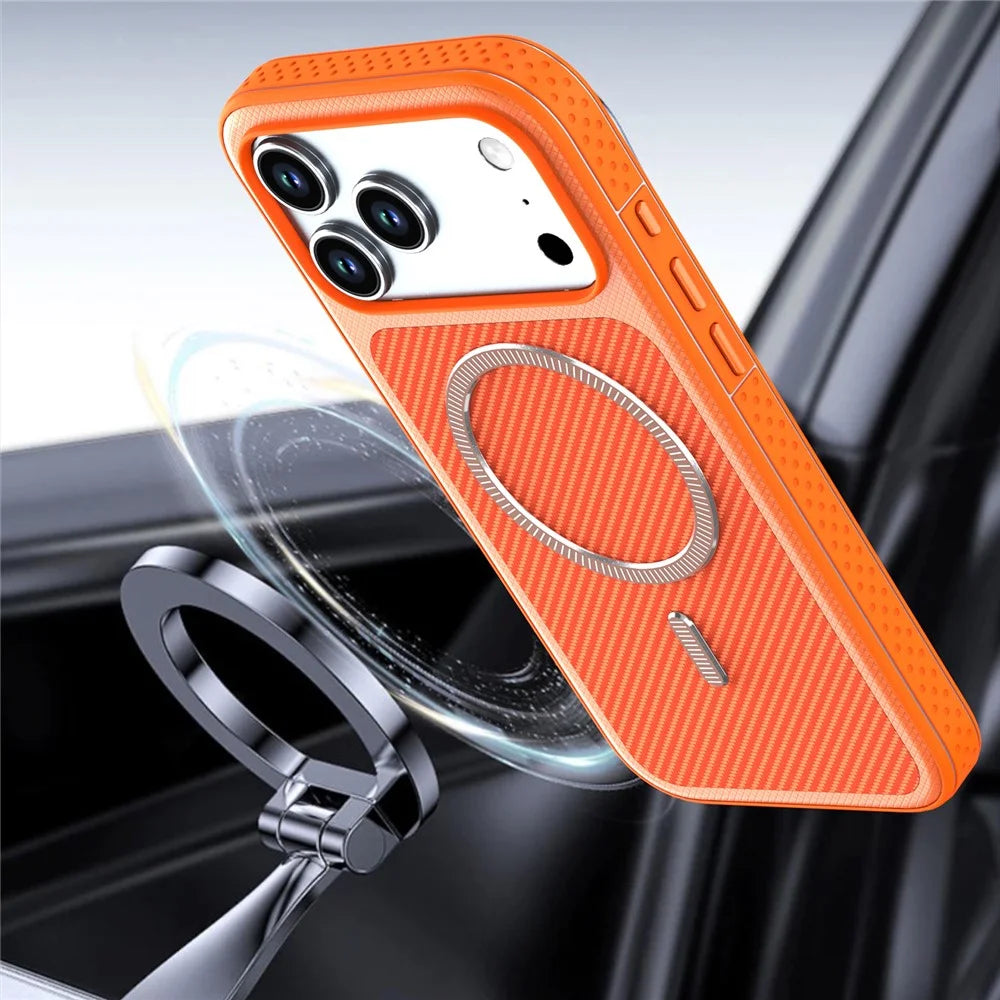 For iPhone 17 Pro  /  18 Pro Magnetic Case Carbon Fiber Texture PC + TPU Phone Cover with Independent Button - Orange - 5