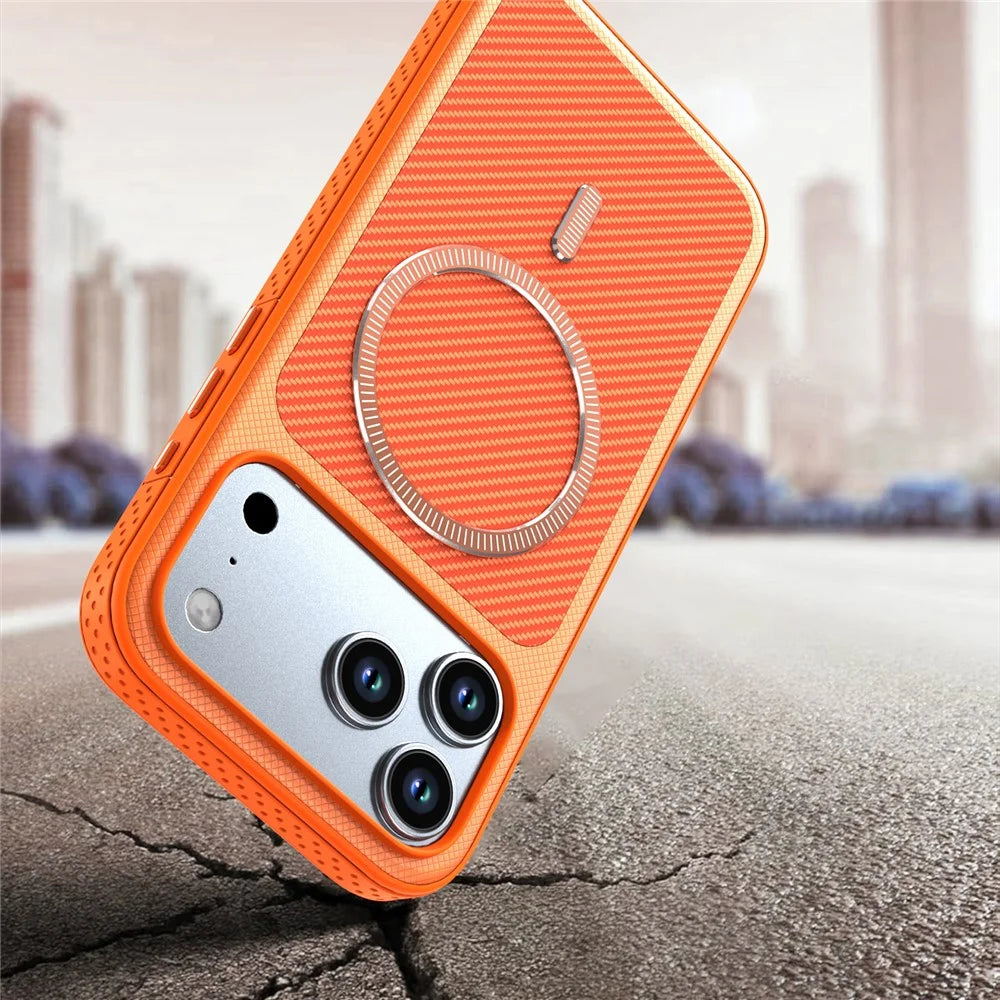 For iPhone 17 Pro Max  /  18 Pro Max Magnetic Case Carbon Fiber Texture PC + TPU Phone Cover with Independent Button - Orange - 4