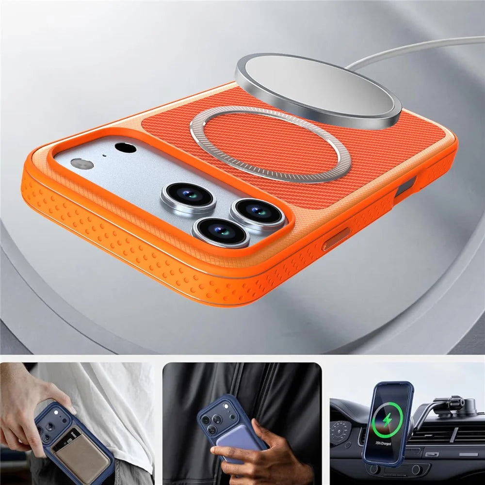 For iPhone 17 Pro Max  /  18 Pro Max Magnetic Case Carbon Fiber Texture PC + TPU Phone Cover with Independent Button - Orange - 6