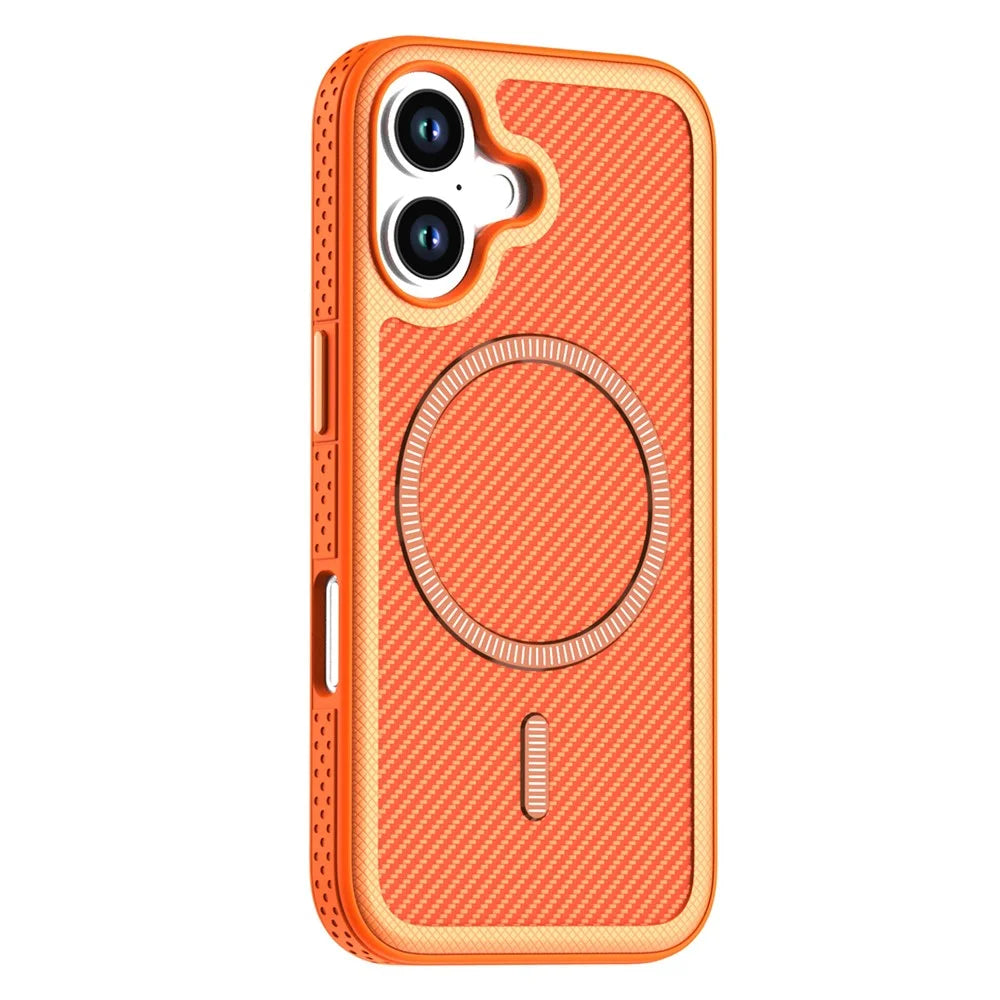 For iPhone 17 Magnetic Case Carbon Fiber Texture PC + TPU Phone Cover with Independent Button - Orange - 1