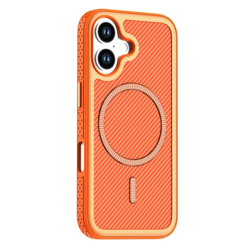 For iPhone 17 Magnetic Case Carbon Fiber Texture PC + TPU Phone Cover with Independent Button - Orange - 1