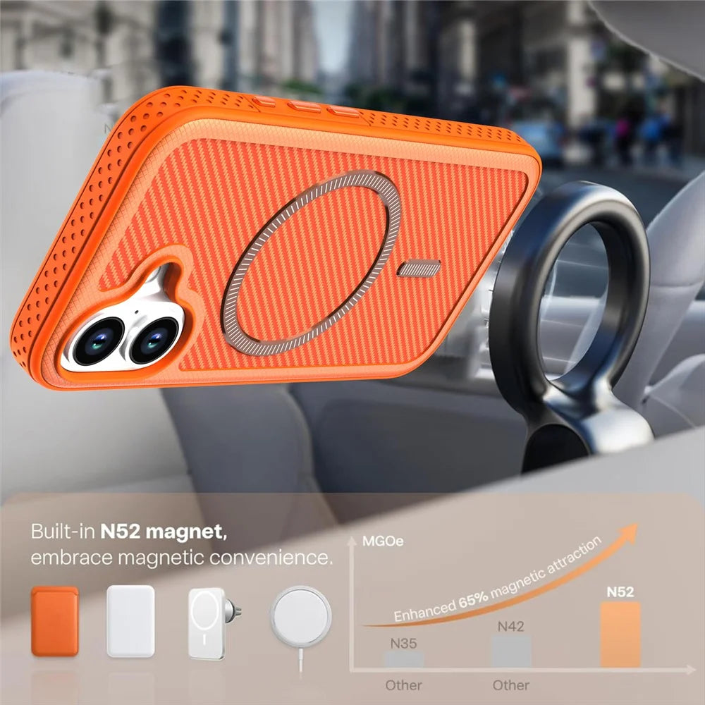 For iPhone 17 Magnetic Case Carbon Fiber Texture PC + TPU Phone Cover with Independent Button - Orange - 3