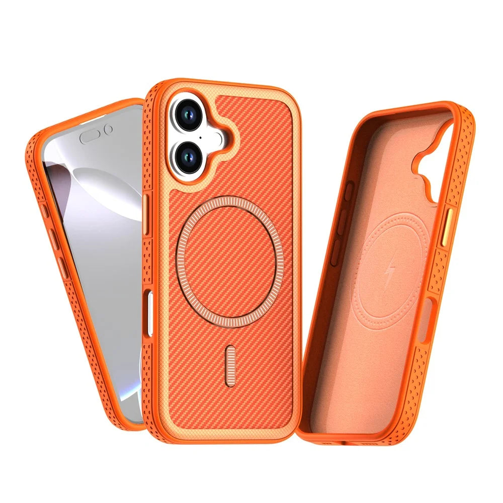 For iPhone 16 Magnetic Case Carbon Fiber Texture PC + TPU Phone Cover with Independent Button - Orange - 2