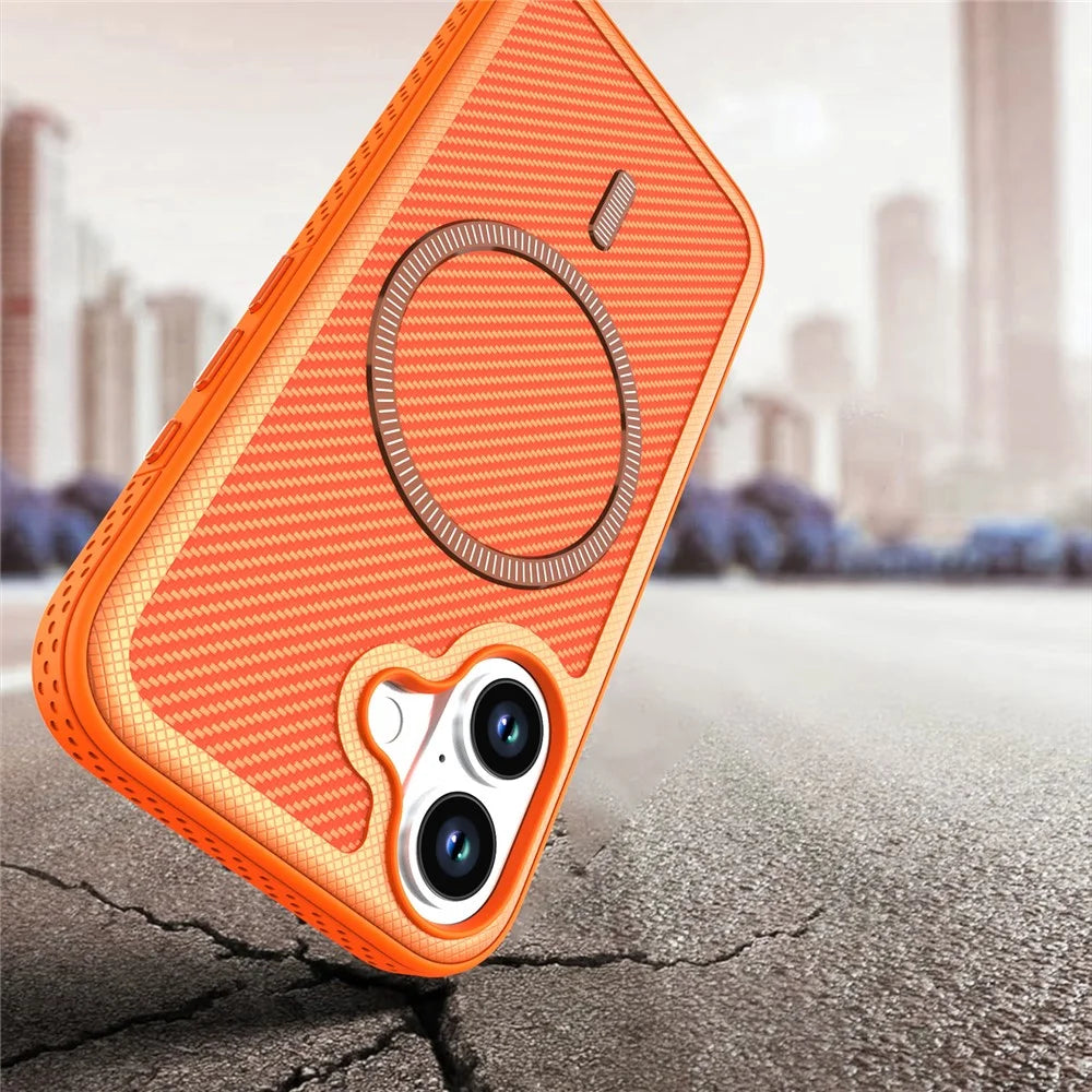 For iPhone 16 Magnetic Case Carbon Fiber Texture PC + TPU Phone Cover with Independent Button - Orange - 4
