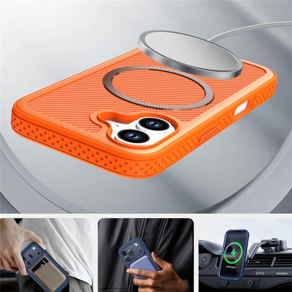 For iPhone 16 Magnetic Case Carbon Fiber Texture PC + TPU Phone Cover with Independent Button - Orange - 6