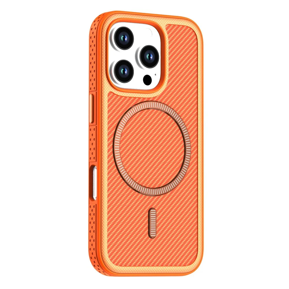 For iPhone 16 Pro Magnetic Case Carbon Fiber Texture PC + TPU Phone Cover with Independent Button - Orange - 1