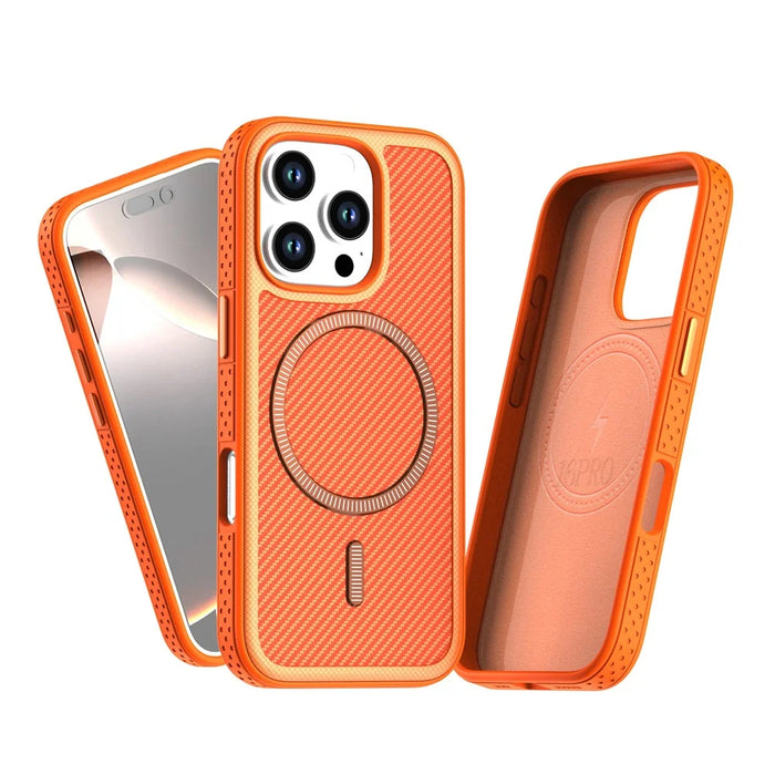 For iPhone 16 Pro Magnetic Case Carbon Fiber Texture PC + TPU Phone Cover with Independent Button - Orange - 2