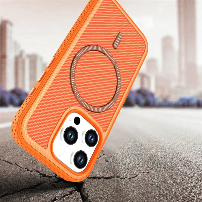 For iPhone 16 Pro Magnetic Case Carbon Fiber Texture PC + TPU Phone Cover with Independent Button - Orange - 4