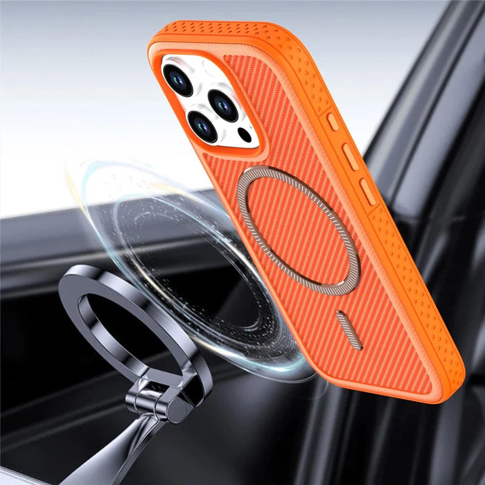 For iPhone 16 Pro Magnetic Case Carbon Fiber Texture PC + TPU Phone Cover with Independent Button - Orange - 5