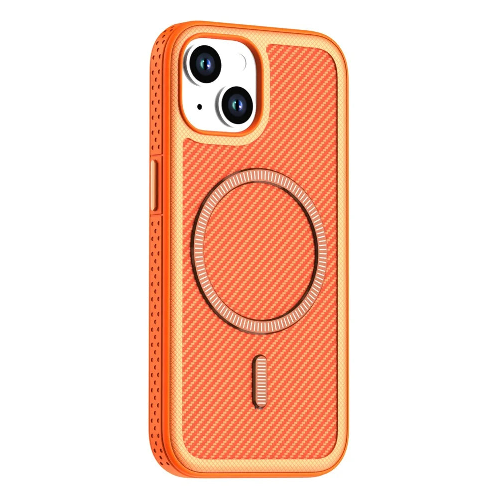 For iPhone 15 Magnetic Case Carbon Fiber Texture PC + TPU Phone Cover with Independent Button - Orange - 1