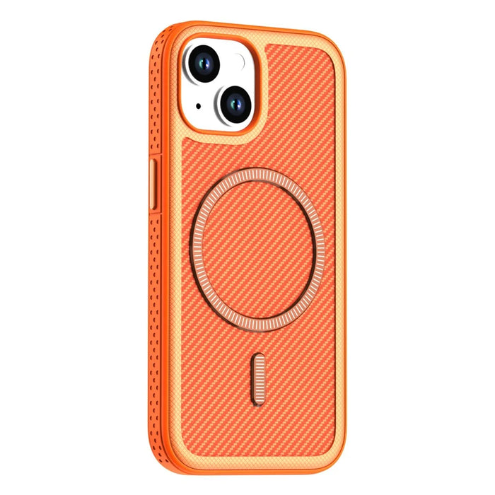 For iPhone 15 Magnetic Case Carbon Fiber Texture PC + TPU Phone Cover with Independent Button - Orange - 1