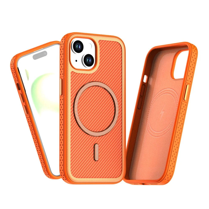For iPhone 15 Magnetic Case Carbon Fiber Texture PC + TPU Phone Cover with Independent Button - Orange - 2