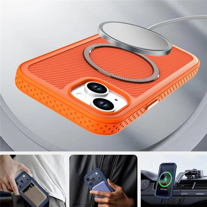 For iPhone 15 Magnetic Case Carbon Fiber Texture PC + TPU Phone Cover with Independent Button - Orange - 6