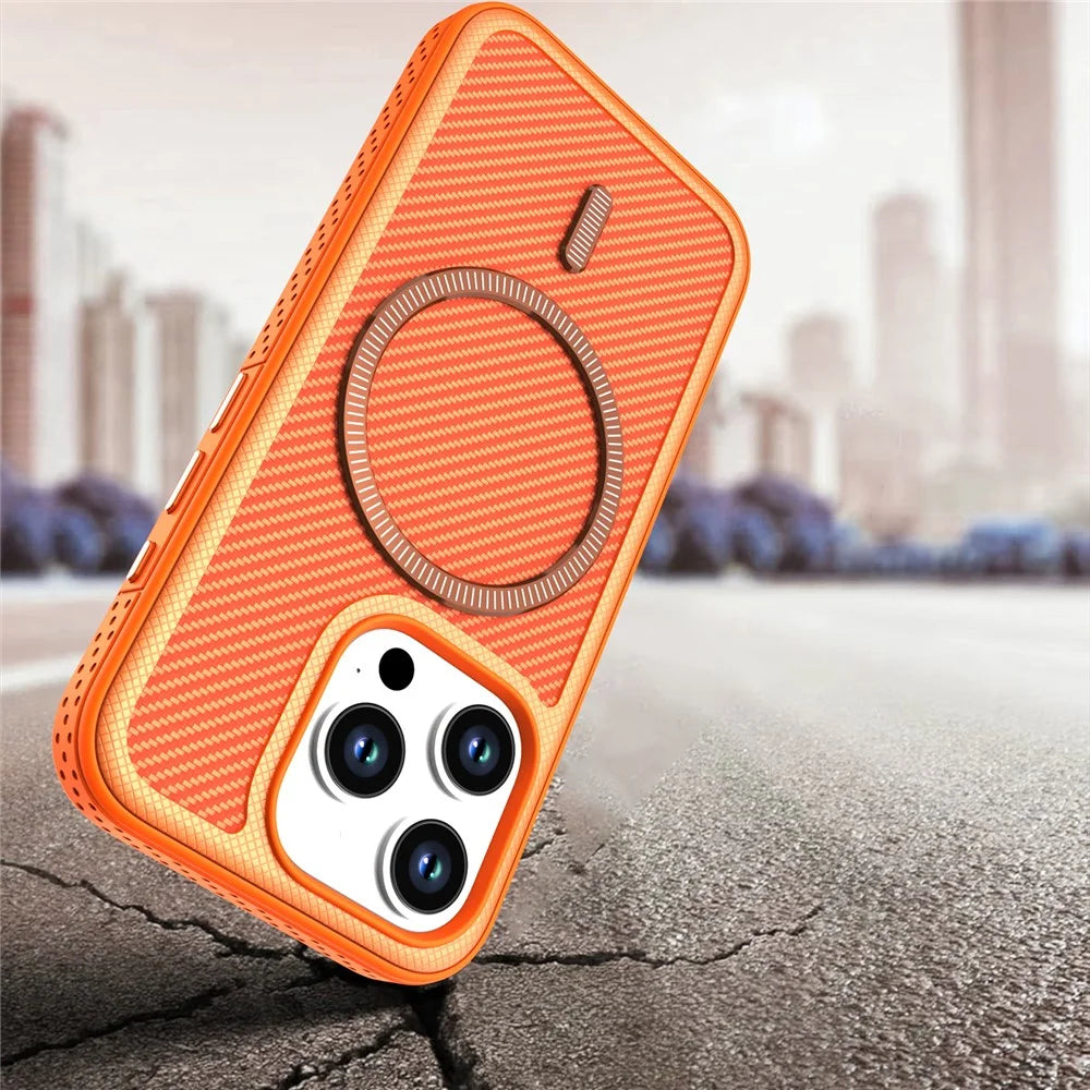 For iPhone 15 Pro Max Magnetic Case Carbon Fiber Texture PC + TPU Phone Cover with Independent Button - Orange - 4