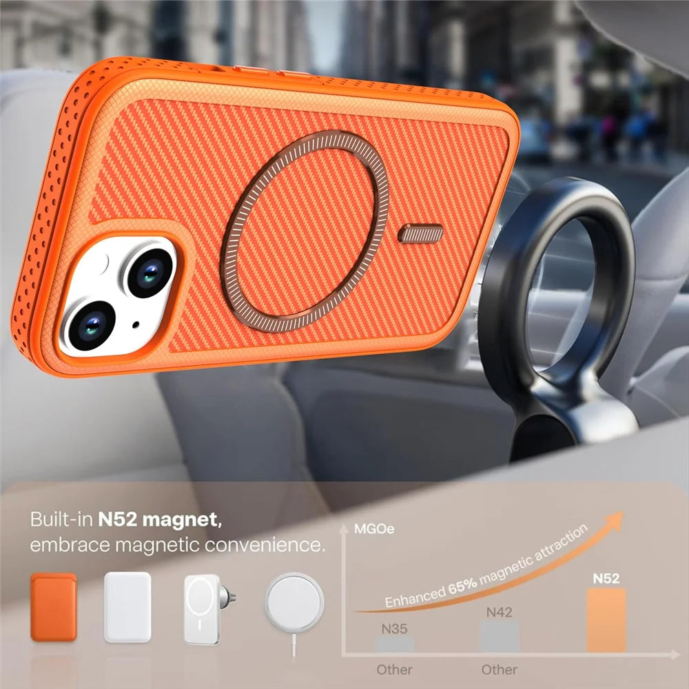 For iPhone 14  /  13 Magnetic Case Carbon Fiber Texture PC + TPU Phone Cover with Independent Button - Orange - 3