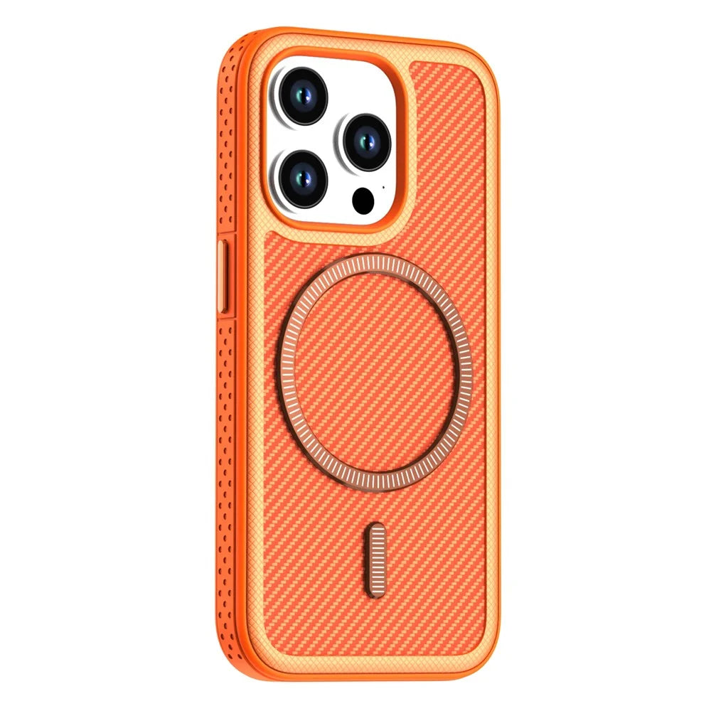 For iPhone 14 Pro Max Magnetic Case Carbon Fiber Texture PC + TPU Phone Cover with Independent Button - Orange - 1