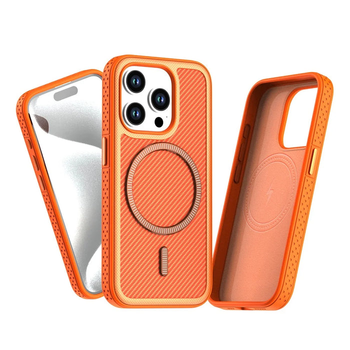 For iPhone 14 Pro Max Magnetic Case Carbon Fiber Texture PC + TPU Phone Cover with Independent Button - Orange - 2