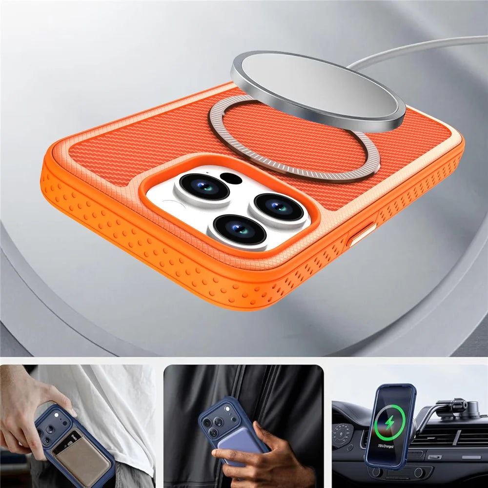 For iPhone 13 Pro Magnetic Case Carbon Fiber Texture PC + TPU Phone Cover with Independent Button - Orange - 6