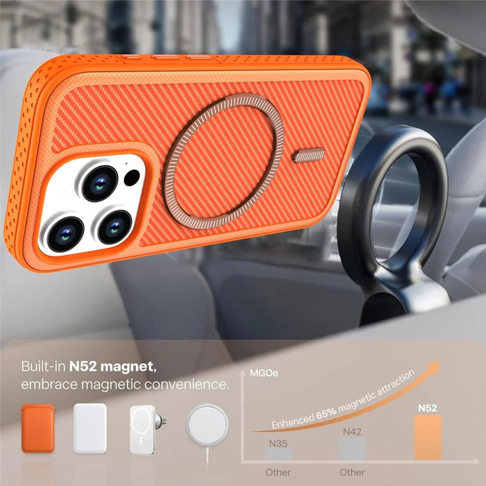 For iPhone 13 Pro Max Magnetic Case Carbon Fiber Texture PC + TPU Phone Cover with Independent Button - Orange - 3