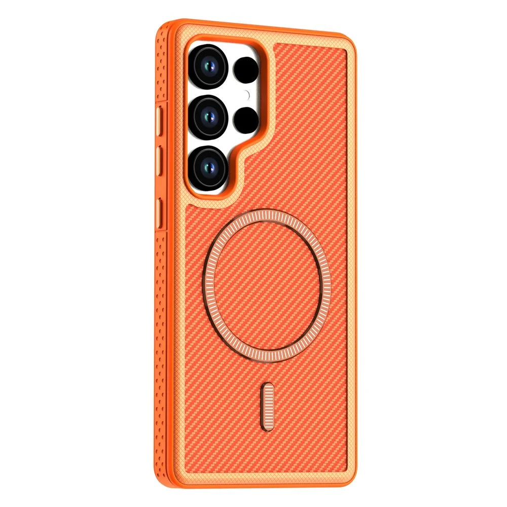 For Samsung Galaxy S24 Ultra Magnetic Case Carbon Fiber Texture PC + TPU Phone Cover with Independent Button - Orange - 1