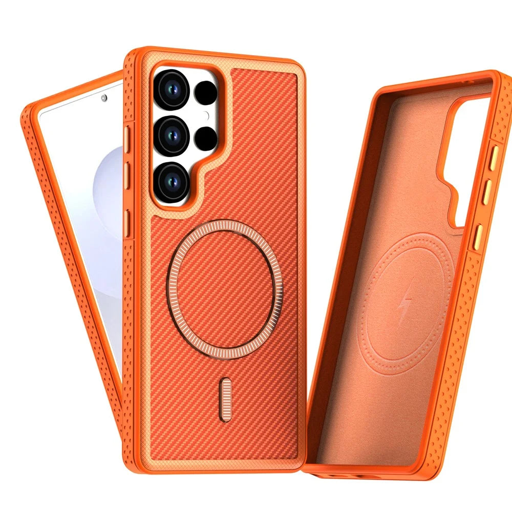 For Samsung Galaxy S24 Ultra Magnetic Case Carbon Fiber Texture PC + TPU Phone Cover with Independent Button - Orange - 2