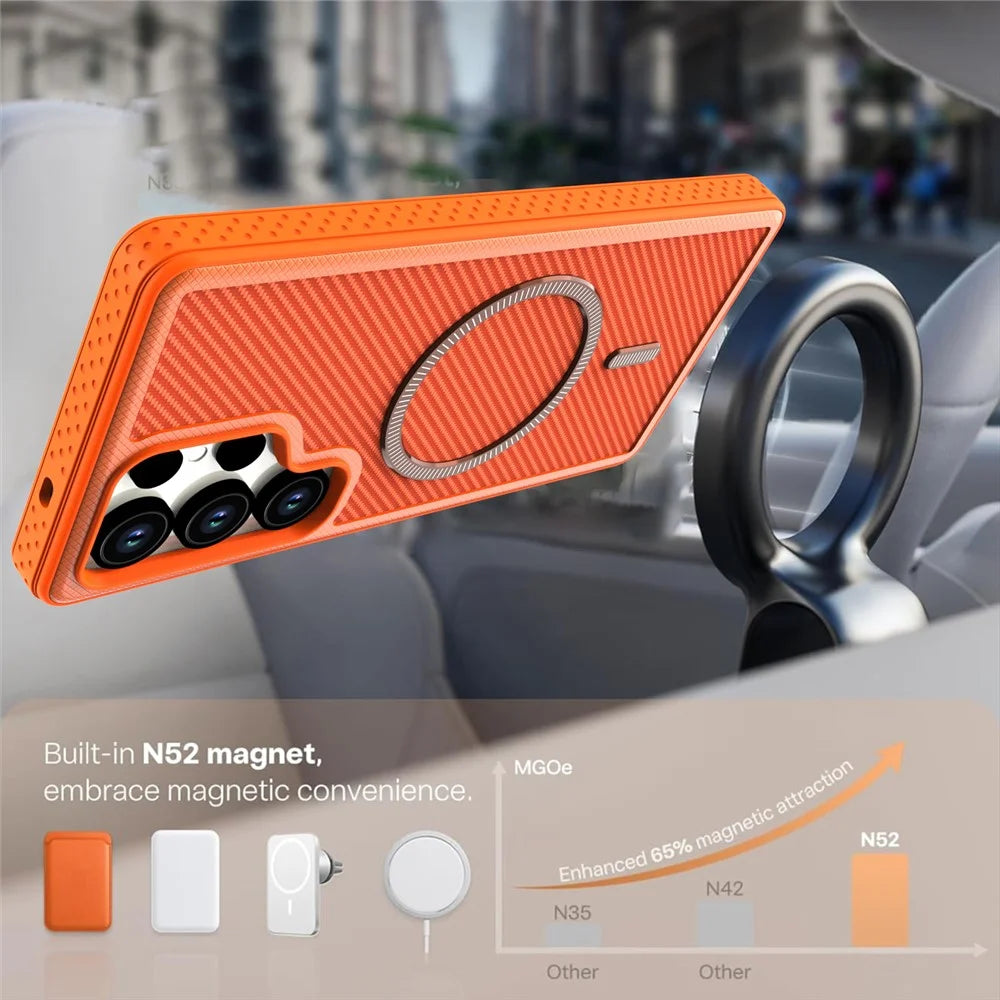 For Samsung Galaxy S24 Ultra Magnetic Case Carbon Fiber Texture PC + TPU Phone Cover with Independent Button - Orange - 3