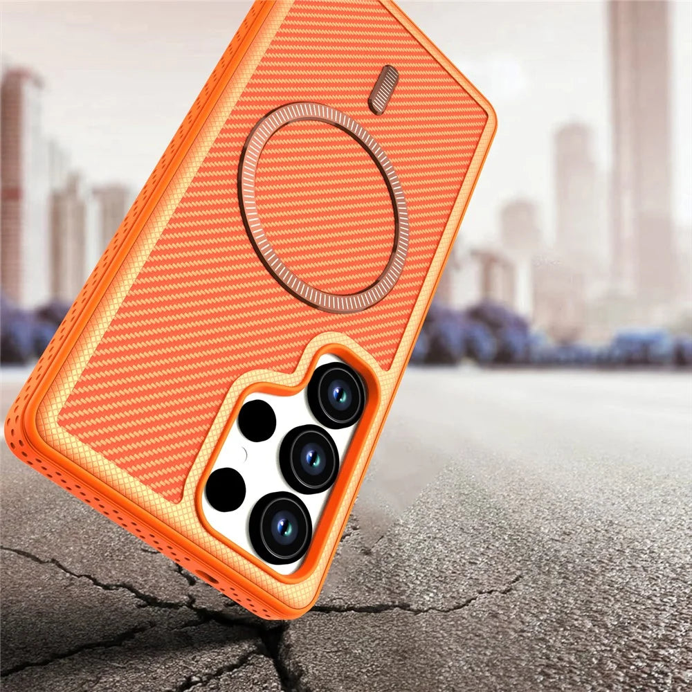 For Samsung Galaxy S25 Ultra Magnetic Case Carbon Fiber Texture PC + TPU Phone Cover with Independent Button - Orange - 4