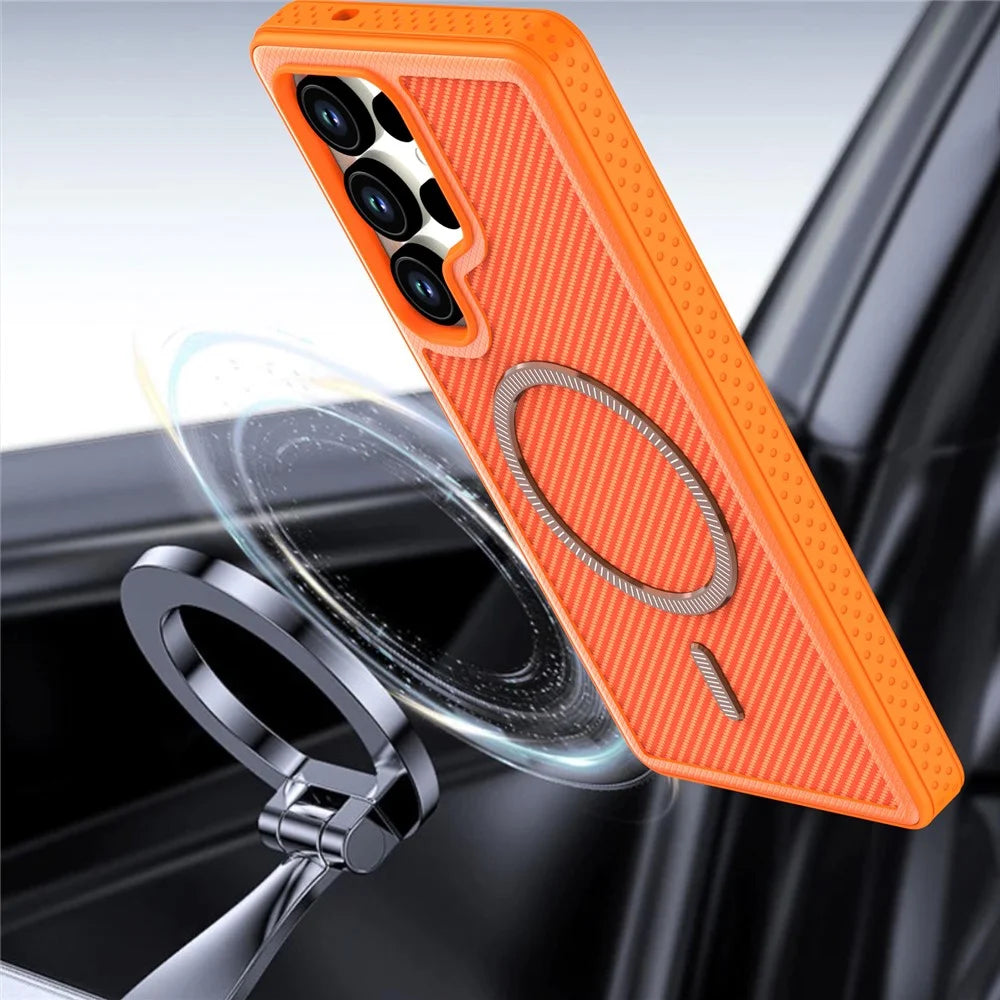 For Samsung Galaxy S25 Ultra Magnetic Case Carbon Fiber Texture PC + TPU Phone Cover with Independent Button - Orange - 5