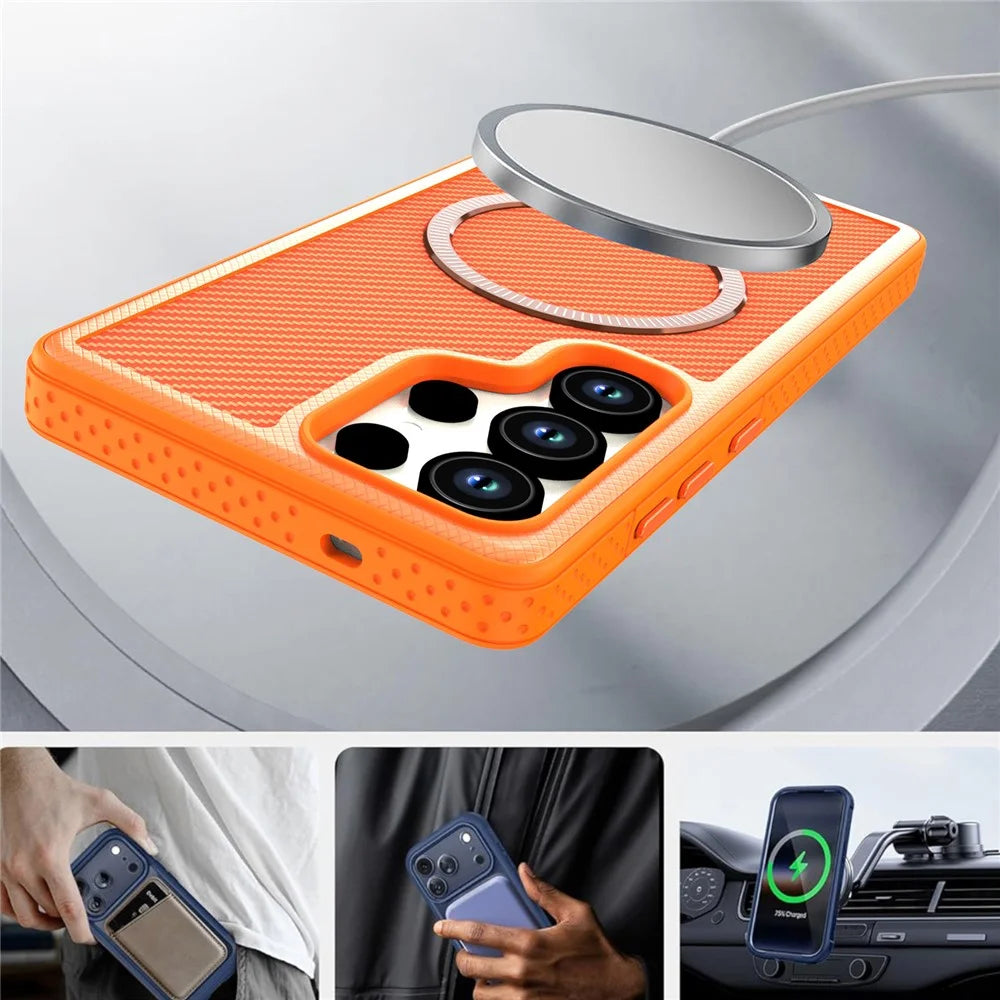 For Samsung Galaxy S25 Ultra Magnetic Case Carbon Fiber Texture PC + TPU Phone Cover with Independent Button - Orange - 6