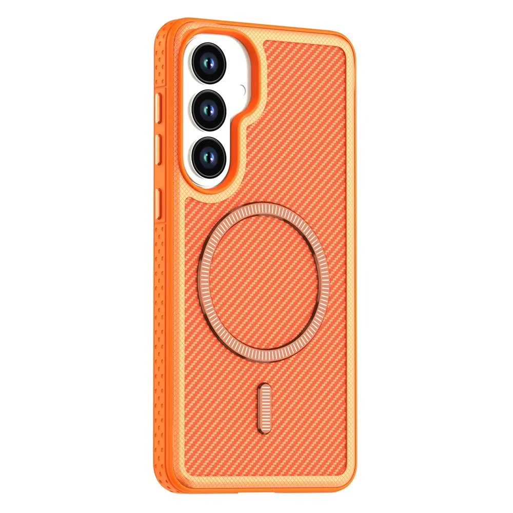 For Samsung Galaxy S26 Magnetic Case Carbon Fiber Texture PC + TPU Phone Cover with Independent Button - Orange - 1